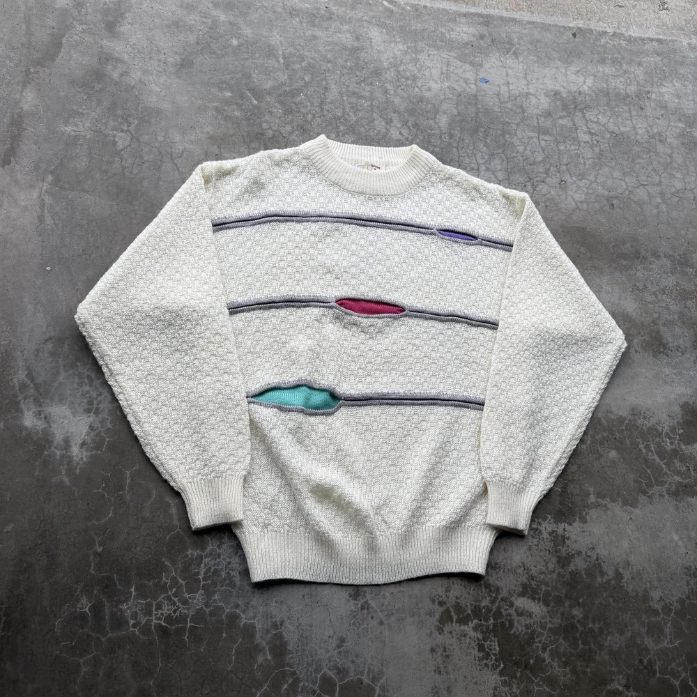 Vintage Sweater Mens Medium White Textured Stripe Knit Crewneck Pullover 80s